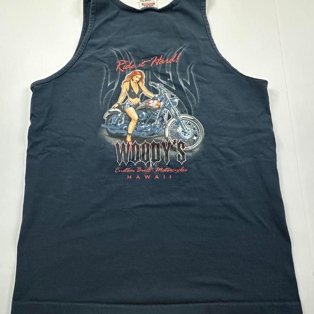 Vtg Woodys Custom Built Motorcycles Mens Gray Tank Top L Hawaii Ride It Hard‎